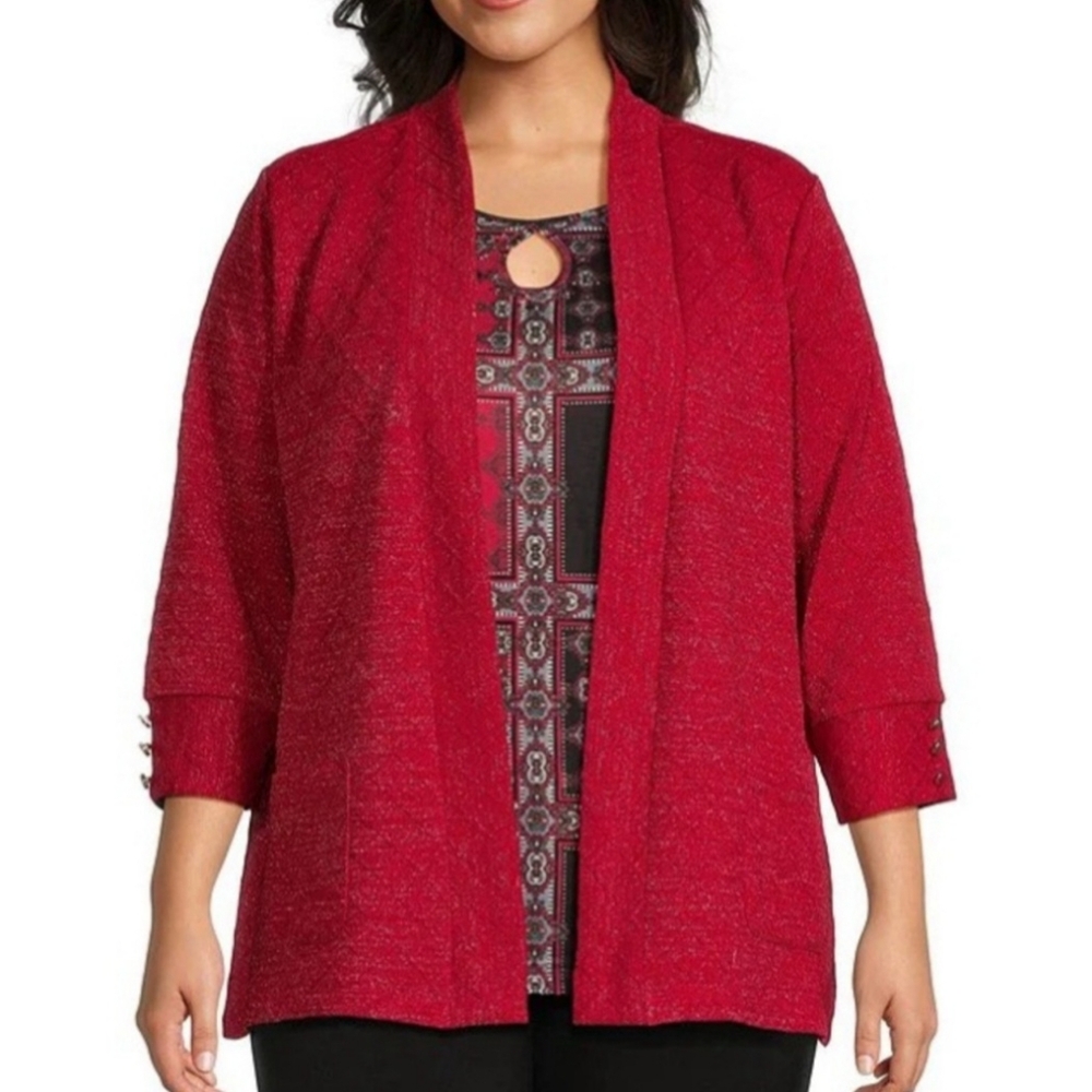 ALLISON Daley Red silver metallic open Jacket cardigan Holiday New Womens Pocket